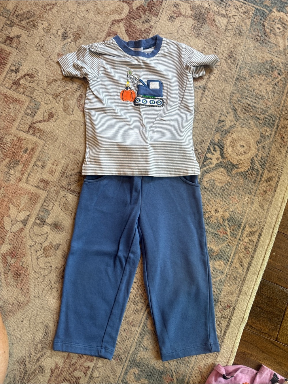 Boys Blue Striped Pant Set with Excavator and Pumpkin Patch